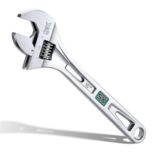 Image of SK 10-Inch Adjustable Wrench, 1-7 /16 inch Jaw Capacity, SAE&Metric Scales | X-Frame Handle, Precision Jaw, Heat Treated CR-V Steel, Chrome-Plated Rust Resistant Finish