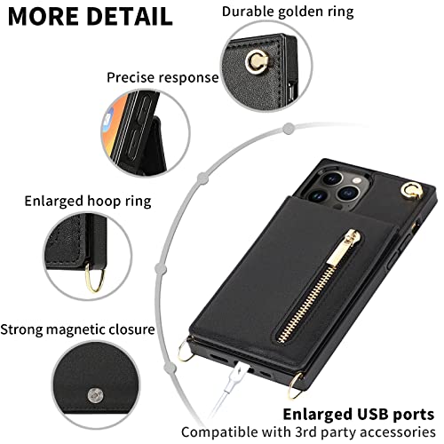 HOGGU-Crossbody-iPhone-14-Pro-Max-Case-Wallet-with-Card-Holder-Flip-Leather-iPhone-14-Pro-Max-Crossbody-Case-with-Strap-Kickstand-Zipper-Purse-Protective-Square-Phone-Case-for-Women-Girls-Black