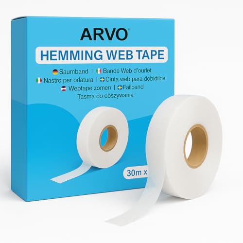 ARVO Iron On Hemming Tape – 30m x 2cm Hem Tape for Trousers, Curtains, Clothes – No Sew Hemming Web for Fabric Repairs & Alterations – Washable Fabric Adhesive Strip