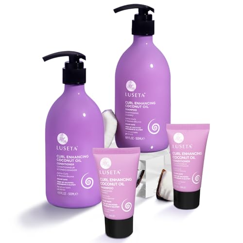 Luseta Curly Hair Shampoo and Conditioner with Coconut Oil for Curly Wavy Coily Hair Sulfate-Free Travel Size Shampoo and Conditioner for Defined Frizz-Free Curls(2x16.9 FL Oz + 2x1.01 FL Oz)
