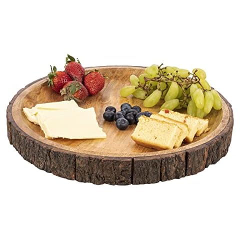 GoCraft Round Wooden Serving Platter with Tree Bark on Edges | Mango Wood Pizza Platter, Serve Board | Charcuterie Platter - 13" Cover