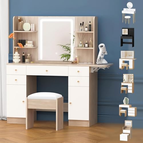 ALFORDSON Tocador con espejo, luces LED, enchufe, tocador con 5 cajones, 2 armarios y 6 estantes, tocador para dormitorio, vestidor, color madera