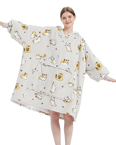VERTAST Sudadera con Capucha, Manta usable, Grande Hoodie Sudadera con de Gran tamaño, cómodas Revestimiento Sherpa súper Suave cálido, para Hombres Mujeres, Gato/Gris
