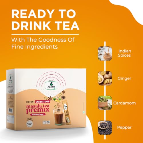 Image of APSARA Instant Tea Premix Unsweetened Masala Tea 36 Sachets|Ready To Drink Tea With No Added Sugar|Enriched with Ginger, Cardamom, Pepper and Indain Spices, Sugar Free Masala Chai, 432 gram