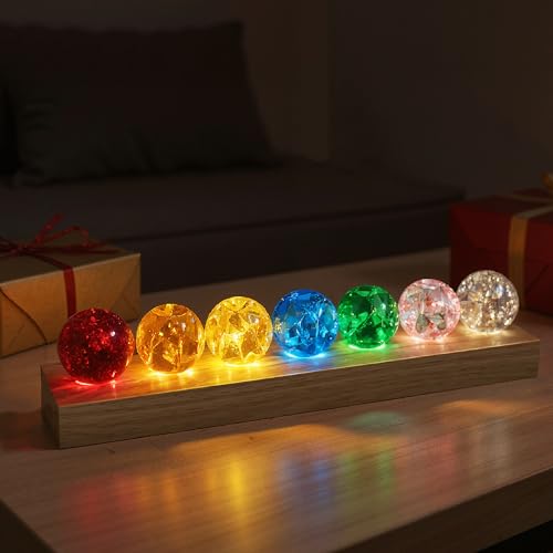 Image of L LOHAS LED 7 Colors 40mm Ice Cracked Balls Crystal Chakra Balls | LED Wooden Base Glass Healing Sphere Balls with Stand Night Light Decoration Quartz for Home Living Room