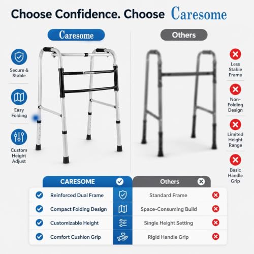 Image of Powder Coating Walker for Senior Citizens | Adjustable Height Adult Walker for Patients | Lightweight & Sturdy Walking Stand for Old People | Foldable Walking Aid for Men & Women - Grey & Black