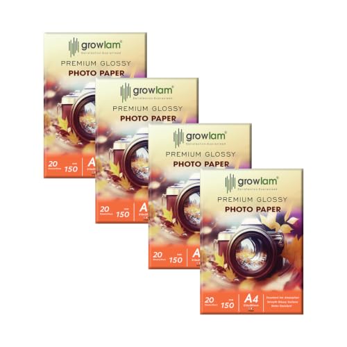 Image of Growlam Premium Glossy Photo Paper 150 GSM A4 Size, 20 Sheets (Pack of 4)