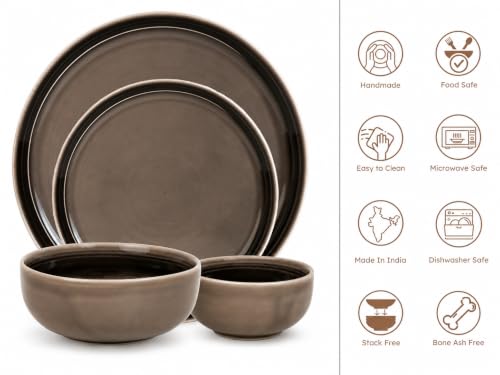 Image of Bodhi House Handcrafted Chip Resistance Porcelain Solid Dinner Set, 20 Pieces Dish Set Serving for 6, Microwave and Dishwasher Safe, Bone-Ash Free, Crockery Set for Dining and Gifting, Smoke Grey