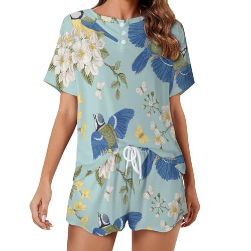Ensemble de pyjama pour femme fleurs et oiseaux à manches courtes pour l'été