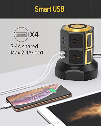 Superdanny Power Strip Tower With 15W Wireless Charger, 6.5Ft Retractable Extension Cord, 1050J Surge Protector, Spin Standing Charging Station With 8 Ac Outlets 4 Usb Ports For Home, Office, Garage #TOP4