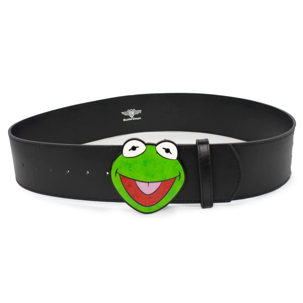 Disney The Muppets Belt, Kermit the Frog Glitter Enamel Cast Buckle Black, Vegan Leather Belt