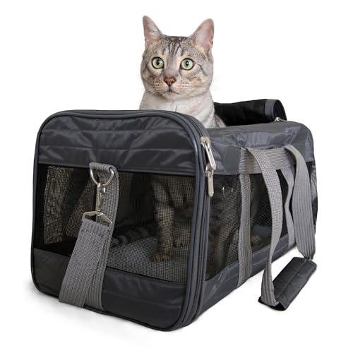 Sherpa Pet Carrier Airline Approved with Spring Wire Frame - Cat Carrier and Dog Carriers for Airline Travel and Vet Visits, Mesh Ventilation, Locking Zippers - Charcoal Grey, Large