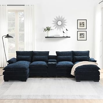 U-Shaped Sectional Sofa, Cloud Couch with Chaise, Console, Cup Holders & USB Charger, 6-Seat Chenille Symmetrical Living Room Furniture for Apartment, Modern Comfy Sofa 123" L, Dark Blue