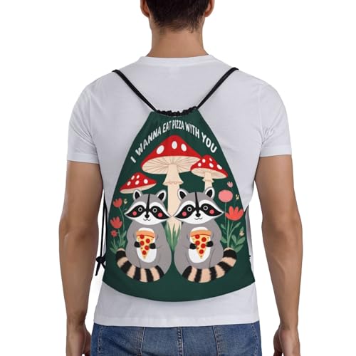 Raccoon Pizza Art Drawstring Backpack Lightweight Sports Gym Bag With Adjustable Shoulder Straps For Fitness Yoga Travel Soccer Volleyball Medium2