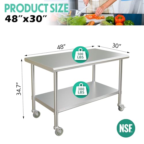 Image of STABLEINK NSF Stainless Steel Table with Wheels Casters 48x30 Inche, Metal Prep & Work Table with Adjustable Undershelf, for Commercial Kitchen, Restaurant, Laundry and Garage