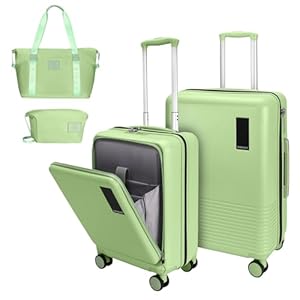 2 Piece Luggage Sets with Spinner Wheels Front Open Pocket, ABS+PC Suitcase with TSA Lock & YKK Zipper, Carry On 20/24 inch+Toiletry Bag+Handbag, Light Avocado Green