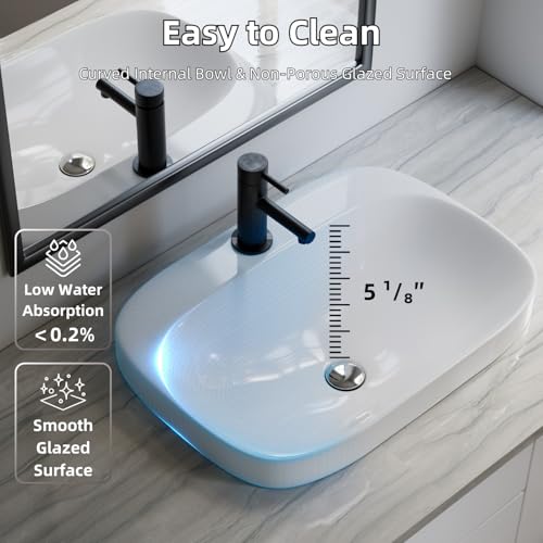 Image of 24″W x 17″D Drop In Bathroom Sink, Los Flexi White Rectangular Semi Recessed Bathroom Vessel Sink with Pop-Up Drain Kit, Single Faucet Hole, Above Counter Basin for Bathrooms