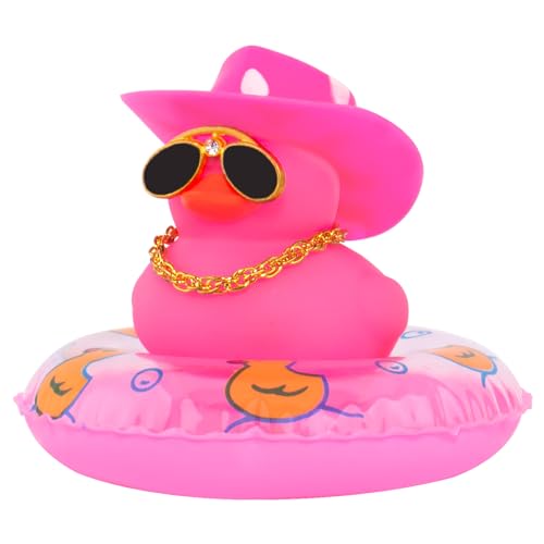 wonuu Car Duck Ornament Dashboard Decorations Rubber Duck Car for Car Dashboard Accessories with Swim Ring Sunglasses Hat and Necklace, A_Pink Duck&White Spot Pink Cowboy Hat&Pink