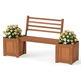 Giantex 2-in-1 Outdoor Bench with Backrest & 2 Raised Garden Beds, Wood with Teak Oil Finish, Planter Boxes with Open-Ended Base, Garden Bench Seat for Porch Balcony Lawn Yard, DIY Assembly