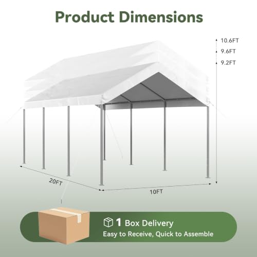 Image of Aoxun 10x20 ft Heavy Duty Carport, Adjustable Height Portable Garage, White