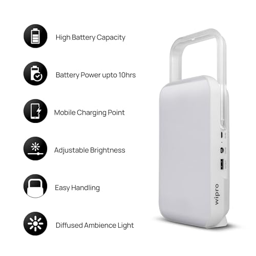 Image of wipro Safari Emergency Rechargeable Led Lantern with 7200 Mah Battery | Brightness Control Feature | in- Built Mobile Charging Point | Pack of 4,Multicolor