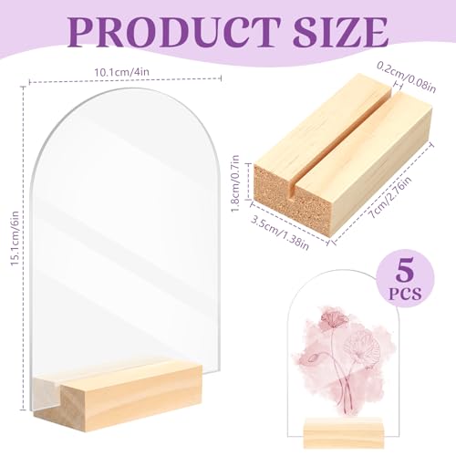 Image of Bercoor 5 Pack 4x6 Inch Blank Clear Arch Acrylic Sign with Wooden Stands, Arched Round Top Acrylic Sheet, DIY Acrylic Arch Table Numbers for DIY Name Card Gifts Event Party Sign Decoration