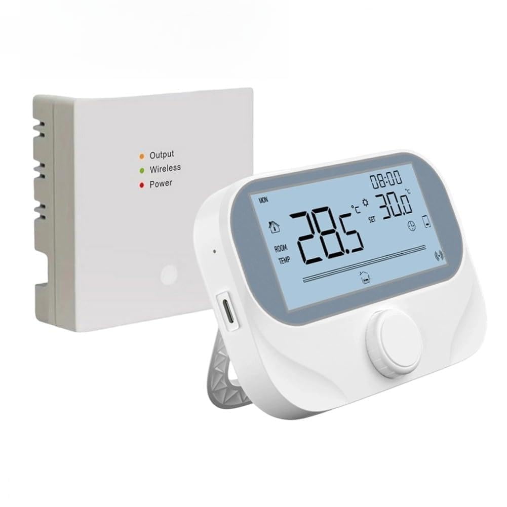 Bezprzewodowy programowalny termostat bojlera RF do aplikacji Tuya Smart, 118 x 86 x 24 mm, biały termostat z pokrętłem obrotowym, wyświetlaczem pogody i wilgotności, funkcja zapobiegania zamarzaniu