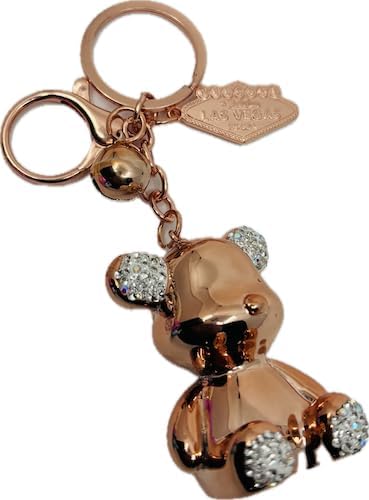 Las Vegas Rose Gold Teddy Bear Keychain with Crystal Accents, Souvenir Bag Charm