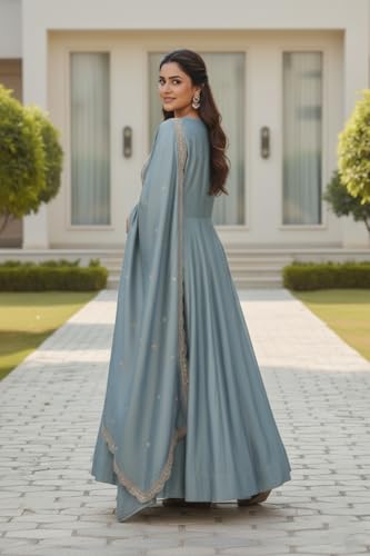 Image of Yashika Women's Silk Blend Embroidered Anarkali Kurta Set with Dupatta | Full Length Ethnic Wear for Women | Wedding