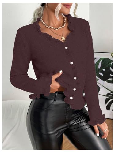 Image of Verdusa Women's Ruffle Trim V Neck Button Down Long Sleeve Knit Cardigan Sweater