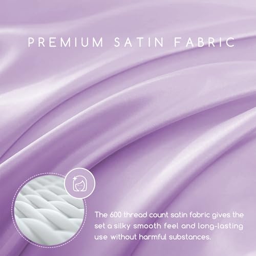 Image of MR&HM Satin Bed Sheets with Elastic Corner Straps, King Size Sheets Set, 4 Pcs Silky Bedding Set with 15 Inches Deep Pocket for Mattress (King, Lilac)
