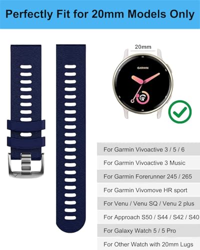 20mm Silicone Watch Bands for Garmin Forerunner 55 165 245 645, 3pcs Sport Band Strap for Vivoactive 6, Vivoactive 5, Venu Sq, Venu Sq 2, Approach S70 Smartwatch (Dark Blue) - image 2