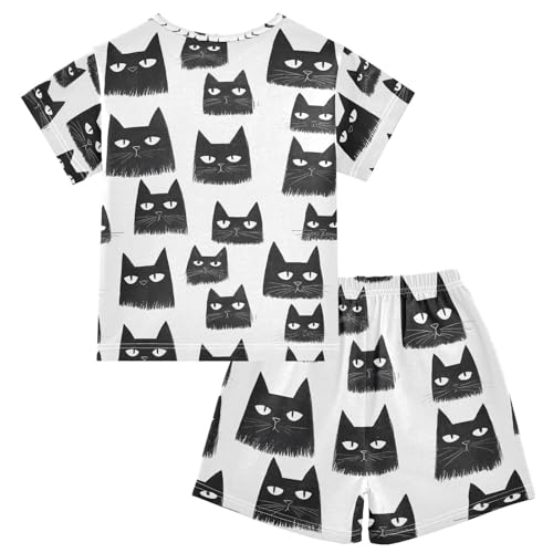 ALAZA Black Cat Pajamas Set Short Sleeve Cotton Sleepwear Summer Pjs 2 Piece 5-14Y2