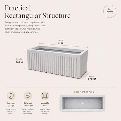Image of Go Hooked Rectangular Planter Pot (20x9) Inch | Marble White Ribbed Design Plastic Flower Pot for Indoor Outdoor Balcony Garden Window Railing Patio | Polymer Decorative Plant Container