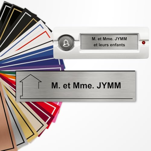 Plaque interphone ou sonnette 6x1,5cm adhésive en PVC – Gravure Laser – 22 Couleurs – Avec ou Sans Motif (Acier brossé texte noir)