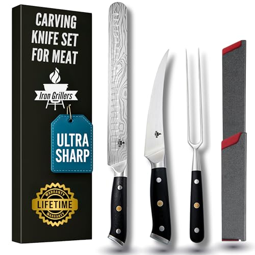 Carving Knife Set for Meat, Brisket & BBQ - 12' Slicing Knife, 6' Boning Knife & 6' Carving Fork for Effortless Meat Cutting - Razor Sharp German Steel, Full Tang & Ergonomic - Dual Sheaths Included