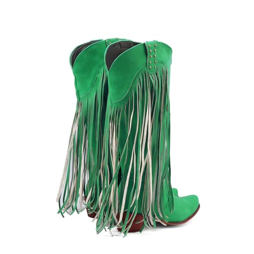 Image of KiutSymo Mid Calf Fringe Boots For Women Cowboy Pointed Toe Chunky Heels Cowgirl Western Tassel Boots