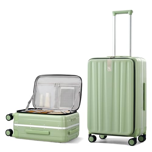 Image of Hanke 67cm Front Opening Check In Luggage Trolley Bag, Strong Aluminum Frame, Durable Polycarbonate Hard Shell, 8 Silent Spinner Wheels & Combination Lock, Lightweight Medium Suitcase for Trave, Green