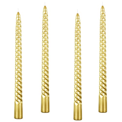 Kemladio 4 pcs 10 inch Taper Candles Burning Unscented Tapered 7.5 hrs Fancy Dinner Tall Candle Sticks Halloween Party Decorations (4pcs Gold)