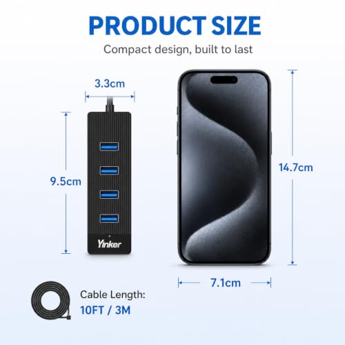 Image of USB 3.0 Hub Long Cable 10FT, 4 Port USB Extension Data Cable USB Dock Extender for Desktop PC Laptop Mac, Windows, 5Gbps