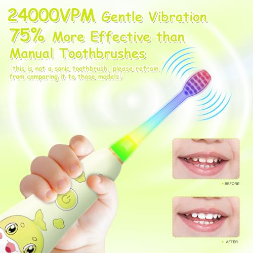 Teeteck Kids Electric Toothbrushes, Toddler, Ages 3+, Rainbow LED, Magnetic Charging, IPX7 Waterproof, Set (Yellow, 3 Years+) - Image 3