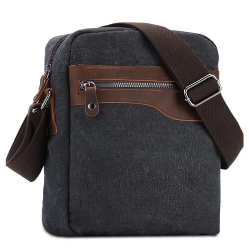 VASCHY Small Messenger Bag, Vintage Leather Canvas Crossbody Shoulder Side Bag for Men Women for Work/Travel