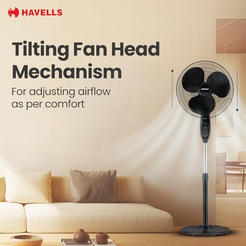 Image of Havells Gatik Pro 400mm BLDC Pedestal Fan| 120 Ribs Guard for Safety| Smooth Oscillation| Heavy Base| ISI Marked | 2 Year Warranty | Black