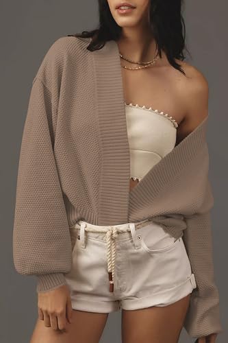 Image of Women's Open Front Cropped Cardigan Lightweight Fall Long Sleeve Waffle Knit Cardigans