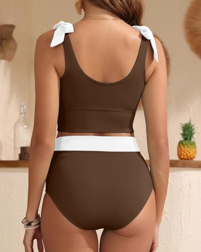 Image of Yonique Two Piece High Waisted Swimsuits Tummy Control Bikini | Full Coverage; Full Lining; Tie shoulder knots to ease ache; Cool airflow via scoop U-back