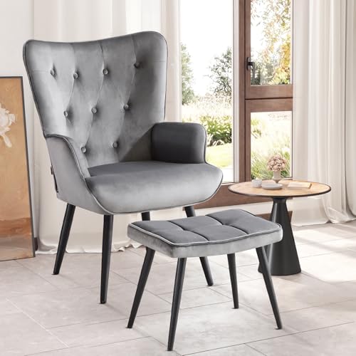 Ckaff Sessel mit Hocker, Ohrensessel mit Hocker aus Samt, Sessel Wohnzimmer Relaxsessel mit Fußstütze Loungesessel Polstersessel fürs Wohnzimmer Schlafzimmer Arbeitszimmer, Grau