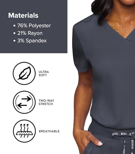 Image of Med Couture Women's V-Neck Scrub Top, Modern Fit Tuck-in Top with Stretchy Rib-Knit Shoulders and Chest Pocket - MC7448