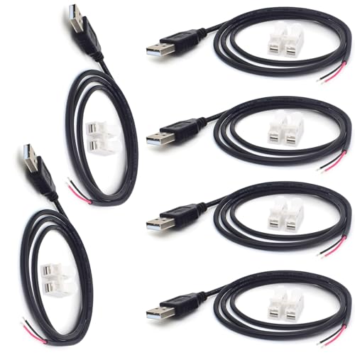 Image of 6Pcs 3.3Ft 22AWG USB 2.0 Male 2Pin Pigtail Cable, 3A 3V 5V 9V 12v 24v USB Type A 2 Core Bare Wire Open End Extension Cable with 6Pcs Quick Wire Cable Connector for DIY Repair Cable