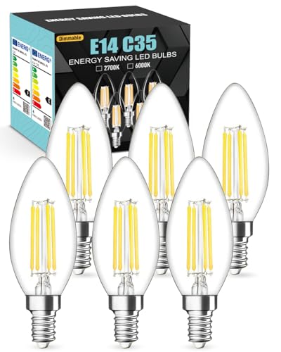E14 LED Light Bulb Dimmable, 4W 550 Lumens E14 LED Light Bulb Cool White Dimmable 6000K, 40W Equivalent SES Small Edison Screw Light Bulbs, CRI 80 Candle Bulb, 6 Count