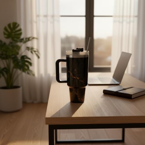 Image of Insulated Tumbler with Handle and Straw | BPA Free Reusable Travel Mug with Straw Mode Lid | Stain & Odour Resistant | Easy to Clean Drink Cup for Hot & Cold Beverages (Black)
